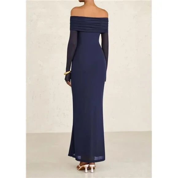 Women Elegant Off The Shoulder Maxi Dress Navy Blue - Picture 2 of 5
